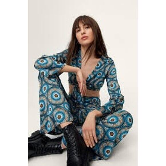 Nasty Gal Collection Retro Hippie 70s Print Wide Leg Flare‎ Pants Sz 6 - Picture 1 of 12